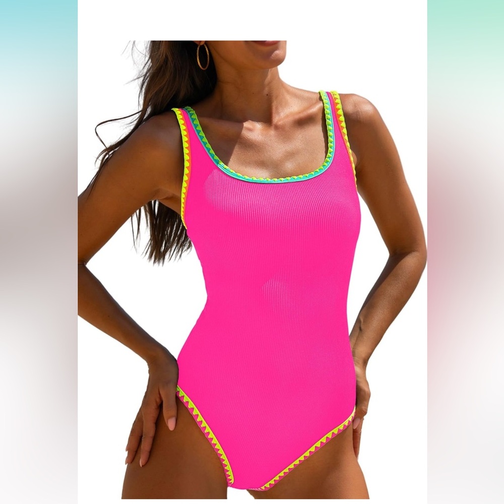 Pink and Yellow One-Piece Swimsuit with Sporty Trim